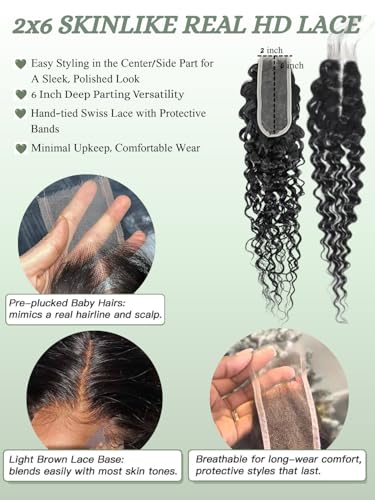 Deep Wave Human Hair Closure 2x6 HD Lace 10 Inch Natural Black