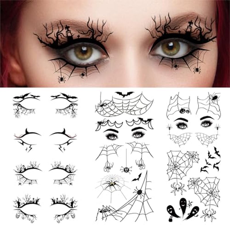 4 Pairs Halloween Eye Shadow Stickers Eyeliner Decals Spider Web Skull Bat Temporary Tattoo Stickers Face eye Makeup Stickers for Women Girls Halloween Masquerade Party Ghost