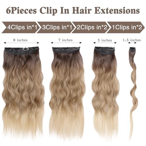 WECAN Clip-In Hair Extensions 24 Inch Ombre Blonde 6PCS Long Wavy Curly Hairpieces