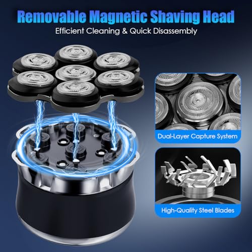 Electric Head Shaver for Bald Men - 7D Rotary Skull Razor Waterproof with LED Display - Black