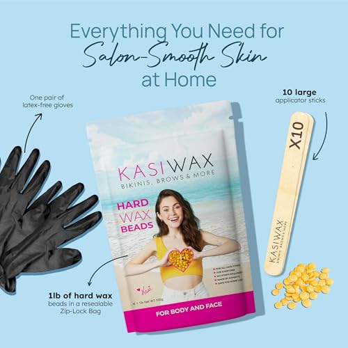 Hard Wax Beads for Hair Removal ? 1.1lb Professional Waxing Beads for Coarse Hair, Face, Underarms, Back, Chest, Brazilian, Bikini & Legs + Gloves & 10 Large Applicator Sticks for Home & Salon Waxing