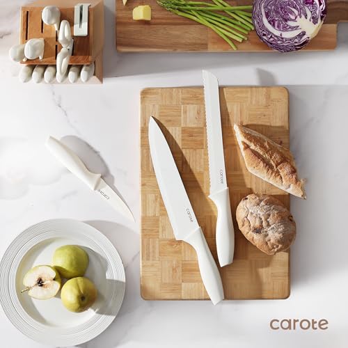 White 15-Piece Knife Set with Wooden Block & Built-In Sharpener - CAROTE