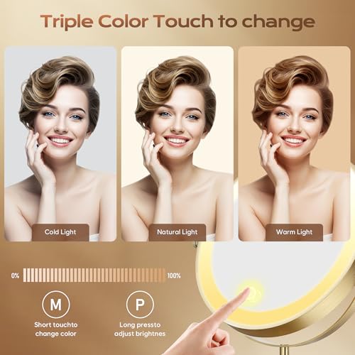 Lighted Makeup Mirror, 5000 mAh Rechargeable Double Sided Magnifying Vanity Mirror with 3 Colors, 1x/20x, 360¡Æ Rotation , Brightness Adjustable lighted mirror with magnification, Antique Bronze