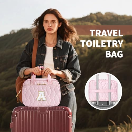 Personalized Pink Hanging Toiletry Bag with Initial M - Gift for Women & Teen Girls