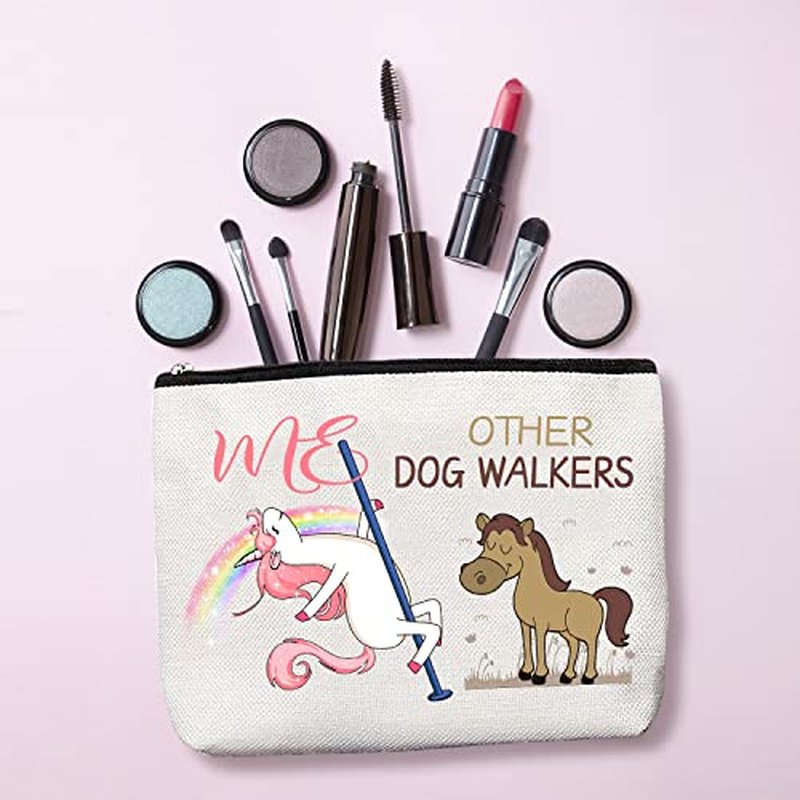 BoomBoomGifts Dog Walker Gifts for Women: White, Silver Animal Print Waterproof Linen Makeup Bag & Mirror