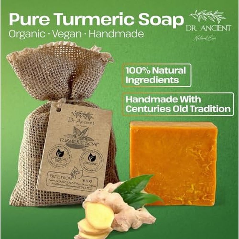 Dr.Ancient Turmeric Soap Bar, Organic Soap Bars Handcrafted the Traditional Way, Natural Chemical-Free, Vegan, Used for Face Wash, Body Wash, and Hand Cleansing, Nourishing Care (Pack of 4)