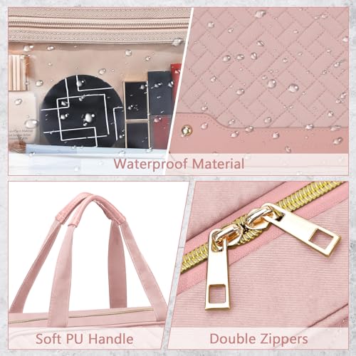 Large Waterproof Travel Toiletry Bag with Jewelry Organizer - Pink
