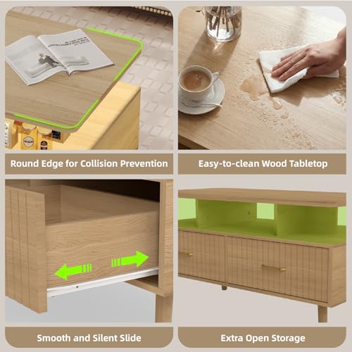 YOSHOOT 37-Inch LED Coffee Table with Storage & Remote Control - Nature Finish