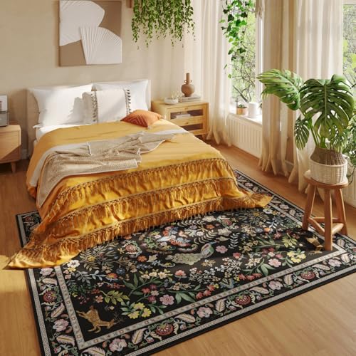 Rugcomf 6' x 9' Floral Area Rug – Washable, Non-Slip Backing, Vibrant Black