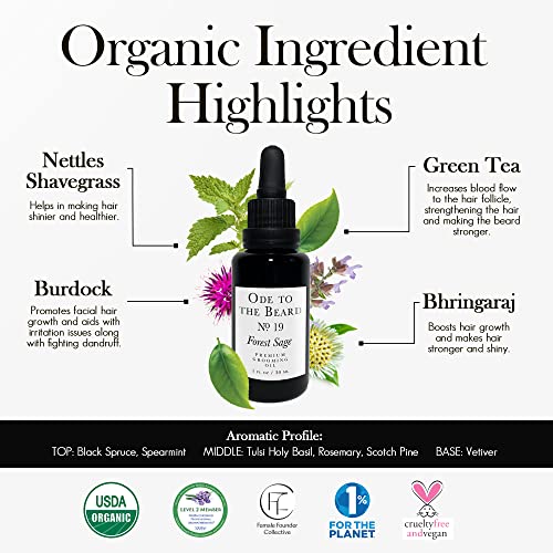 Vegan Mia - USDA Organic Spruce-Scented Beard Oil for Men, 3-in-1 Premium Grooming Oil with Argan Oil and more - For Beard Growth and Maintenance, Ode To The Beard Forest Sage Beard Oil, 1 fl oz