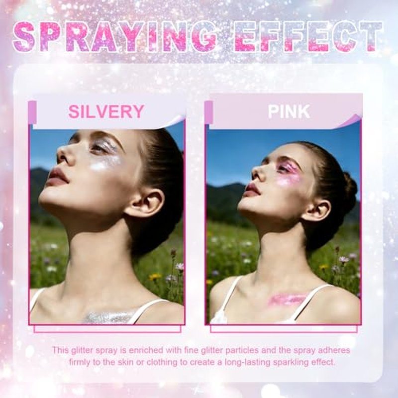 Hair and Body Glitter Spray,Long Lasting Quick-Drying Shimmer Mist for Music Festival Revelry, Nightclub Parties and Balls,Hairspray for Clothes, Face Glitter Spray 4.22 Fl Oz (Silver and Pink)
