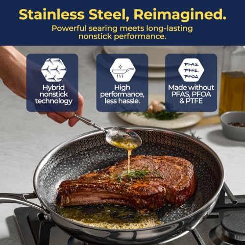 12 Inch Nonstick Frying Pan with Lid - Hybrid Tri-Ply Stainless Steel