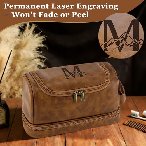 Travel Toiletry Bag for Men - Personalized Initials Leather Organizer, Light Brown D