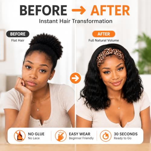 Black Short Wavy Headband Wig for Women 14 Inch Synthetic Tangle-Free Natural Look - Variation: Black Wavy 14 Inch