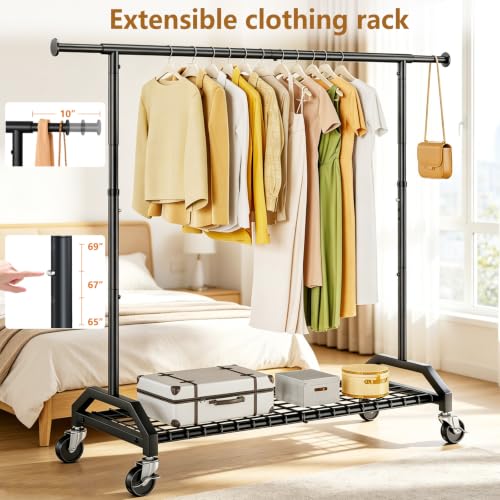 Wiracks Heavy Duty Black Clothes Rack with Extendable Rod & Wheels, 350lbs Capacity