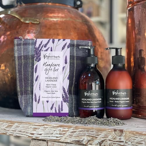 The Highland Soap Company Hand Care Gift Set, Organic Hand Wash & Lotion Set in Contempory Tweed Toiletry Bag (Highland Lavender)
