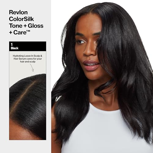 Revlon ColorSilk Tone + Gloss + Care Demi Permanent Hair Color, Dye Kit with Leave-In Scalp and Haircare Serum, 2x Shinier, 4x Stronger, 1 Black, 4.5 fl oz
