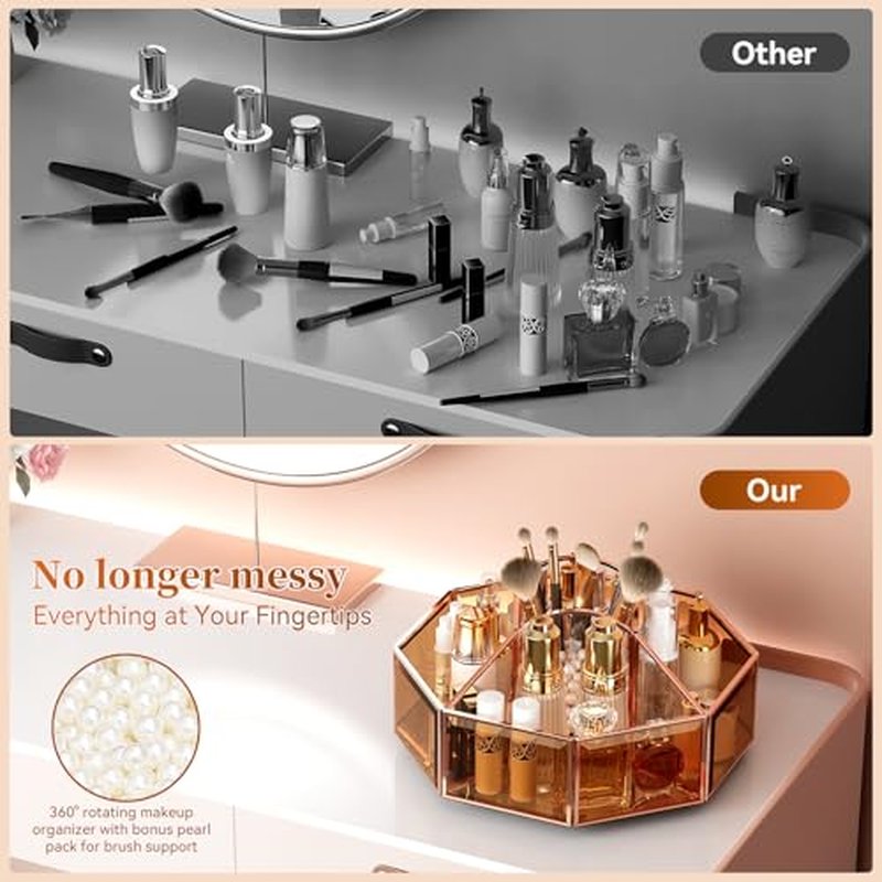 360¡Æ Rotating Makeup Organizer Spinning Vanity Organizer with Makeup Brush Holder for Countertop, Bathroom Storage, Skincare, Perfume & Cosmetic Organizer for Vanity Amber