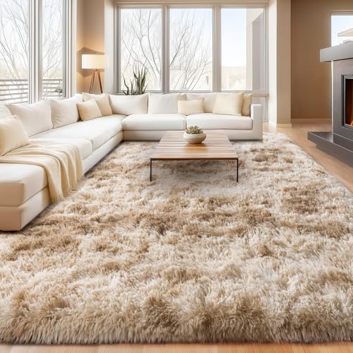 9x12Ft Shaggy Area Rug - Fuzzy Tie Dye Camel Living Room Carpet