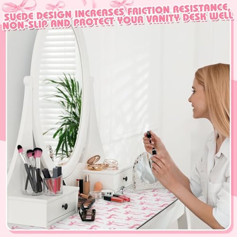 Coquette Bow Makeup Mat for Vanity Top Protector, Valentine Dual Sided Leather Vanity Waterproof Desk Pad Dressing Mat Nonstick Gifts for Women Home Office Decor(Pink,15.7" X 31.5")