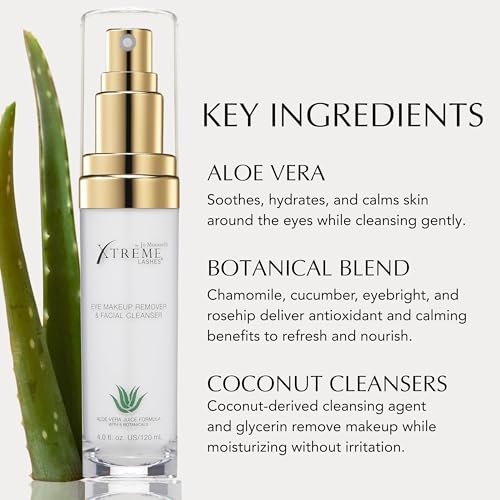 Xtreme Lashes Eye Makeup Remover & Facial Cleanser 4 Fl Oz - Gentle Lash Extension Safe Face Wash with Aloe Vera & Botanicals