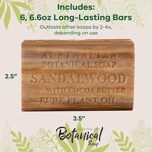 Australian Botanical Soap Sandalwood with Cocoa Butter ? Triple Milled 6.6 oz Bar Soap with Shea Butter, Face Hand & Body Soap Bars, Pack of 6
