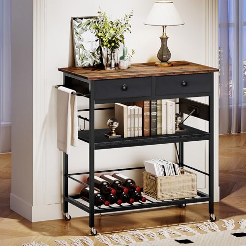 HOOBRO Rustic Brown & Black Kitchen Island with Storage, Rolling Cart, 2 Drawers, Outlet & Wine Rack