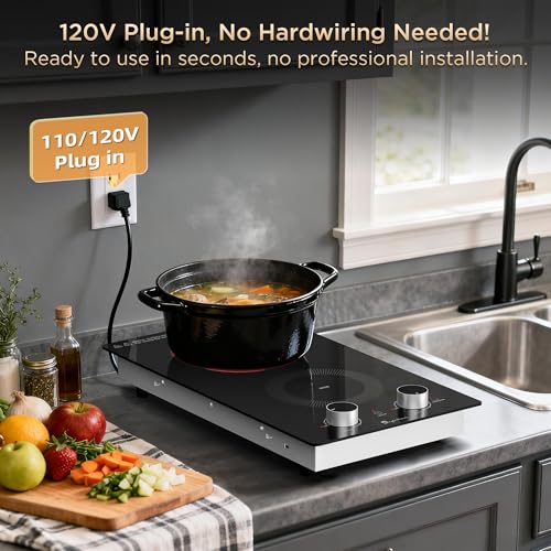 2 Burner Electric Cooktop 110V with Knob Control - 12 Inch, Dual 1800W, Safety Features