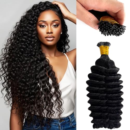Ubetta Deep Wave I Tip Hair Extensions Human Hair 18 Inch - Pre Bonded Keratin for Black Women