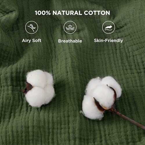 King Size Cotton Muslin Blanket - 4-Layer Olive Green Bed Cover - Bedsure
