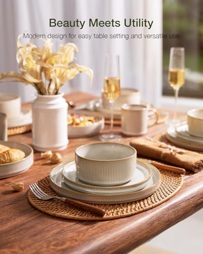 Famiware Cappuccino White Star Stoneware Dinnerware Set for 4 - Reactive Glaze Plates & Bowls