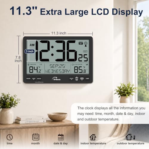 Extra Large Atomic Wall Clock with Backlight, Indoor Outdoor Temp, Battery Operated