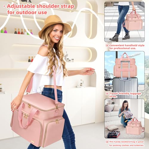 DERSTUEWE Pink Nail Polish Organizer Case Travel Bag with Hard Bottom & Adjustable Dividers