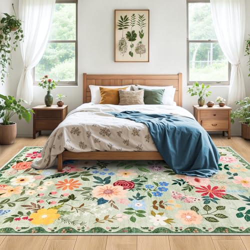 Green 8x10 Floral Area Rug - Washable Boho Living Room Carpet