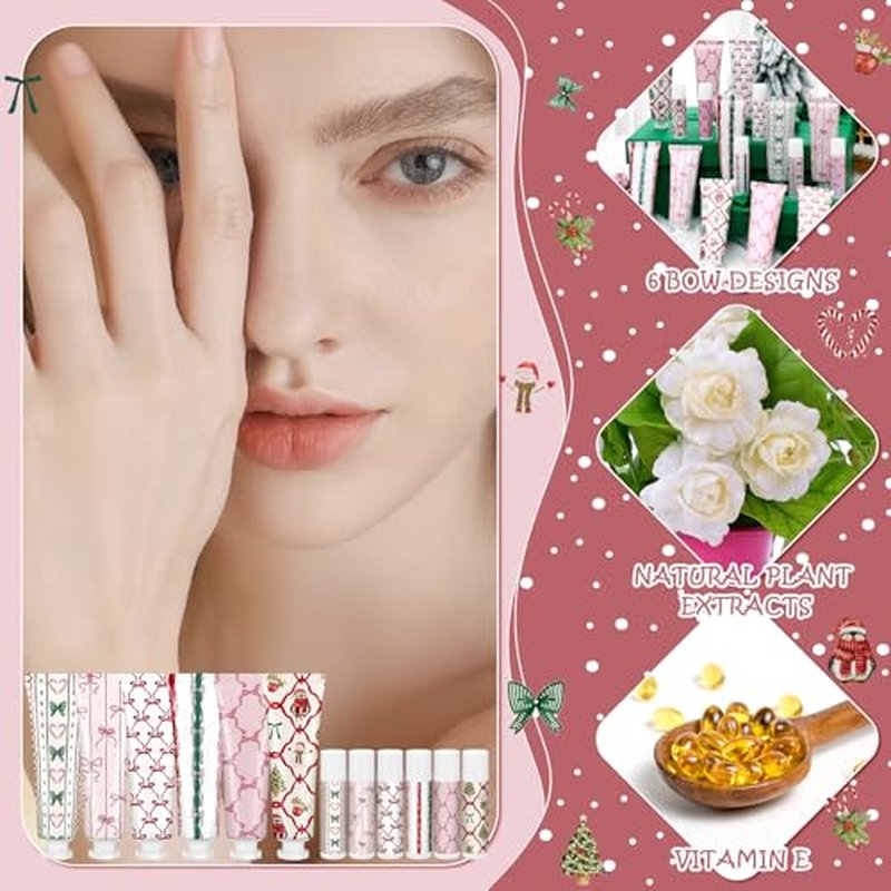 96 Pcs 48 Sets Valentine's Day Hand Cream and Lip Balm Bulk Gift Set, 6 Scents Coquette Bow Valentine's Day Travel Size Hand Lotion Lip Care Gift for Women Staff Coworkers