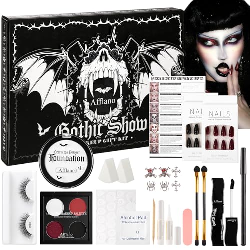 Goth Makeup Kit - Complete Halloween & Cosplay Gothic Face Paint Set with Fake Nails