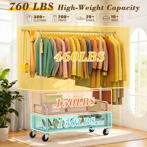 Silver Heavy Duty Stainless Steel Clothes Rack 760LBS Load Adjustable & Rolling