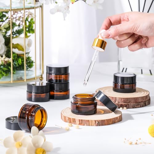 Honeydak 24 Pack 0.7oz Amber Glass Jars with Lids, Glass Cosmetic Jars, Reusable Empty Round Cosmetic Container for Creams and Ointments(Amber)