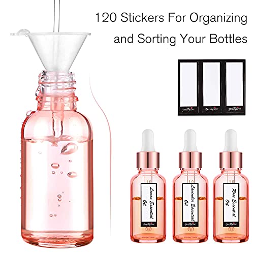 PrettyCare Glass Eye Dropper Bottles 2oz (60ml), 63 Pack Empty Thick Rose Glass Bottles Bulk with Leakproof Caps - With Labels & Funnels for for Storage, Travel,Essential Oils, DIY Serums, Tincture