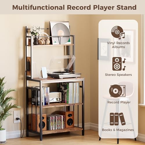 Wooden Record Player Stand with Storage and Power Outlets - Space Saving Vinyl Rack