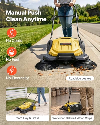 VEVOR Walk-Behind Hand Push Floor Sweeper - Yellow, 25.6-Inch Sweeping Width, 5-Gallon Waste Container, Adjustable Folding Handle