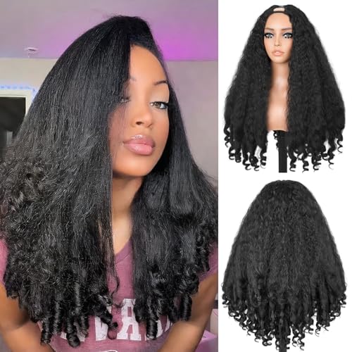 Cemuto 24 Inch Afro Curly Wig V-Part Natural Black with Bouncy Ends - No Glue Needed