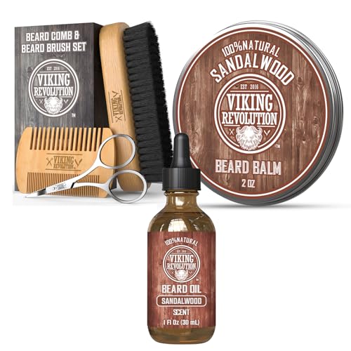 Viking Revolution Natural Boar Bristle Brush and Pear Wood Comb Set for Men, Sandalwood Beard Oil and Beard Balm for men, with Argan Oil and Jojoba Oil - Beard Softener, Strengthens and Moisturizes