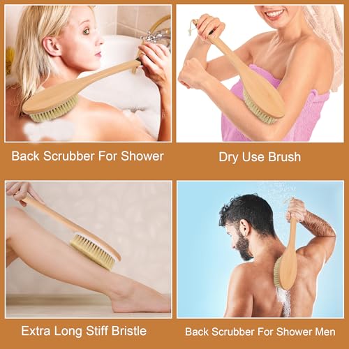 OWIIZI Extra Stiff Back Scrubber Brush for Shower - Long Wooden Handle Body Exfoliator