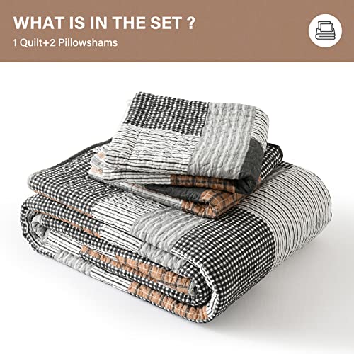 Queen 3-Piece Cotton Patchwork Quilt Set with Reversible Plaid Design - All-Season Bedding, Grey/Black/Brown/White, 90x98 inches