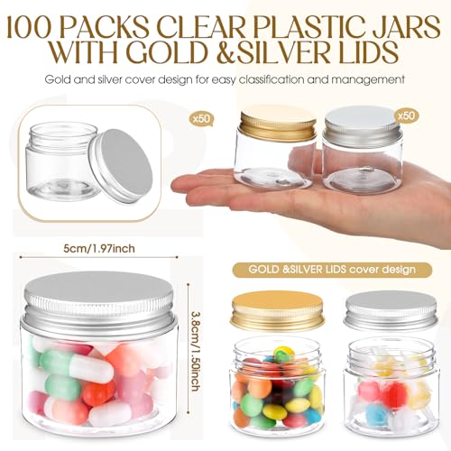 Mini Plastic Jars with Lids - 2 oz Clear Containers with Gold & Silver Aluminum Lids, Bulk 100 Pcs