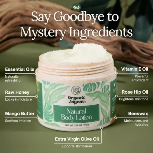 Organic Jaguar Natural Body Lotion, 8 oz, Moisturizer With Essential Oils, Vitamin E Oil, Beeswax, Extra Virgin Olive Oil, Raw Honey, Mango Butter, Sulfate & Paraben Free Body Care, Tropical Scent