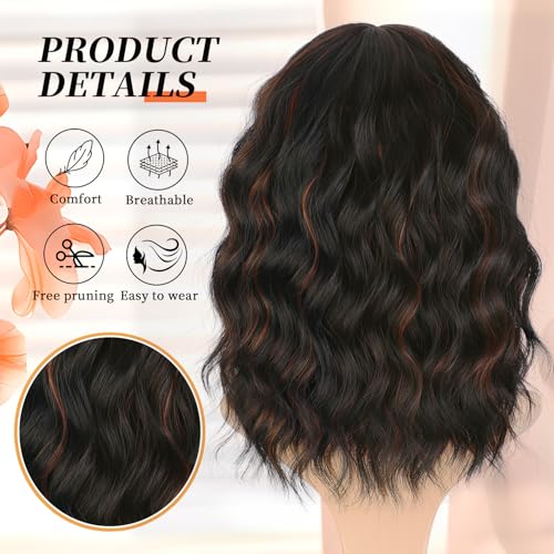 XIXIBI Black Mixed Brown Short Wavy Bob Wig with Bangs for Women