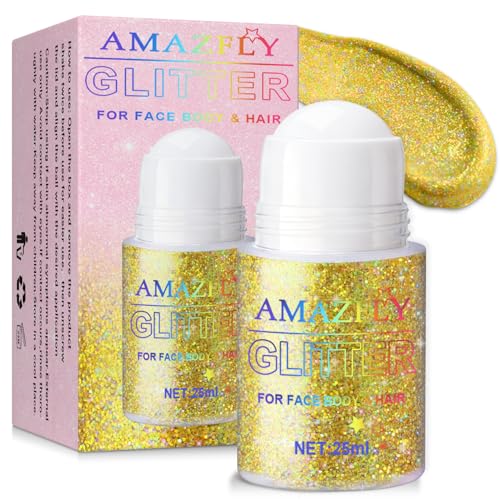 Roll-on Body Glitter Gel Holographic for Face and Hair,Body Glitter Gel Makeup for Kids Women,Body Shimmer Christmas Makeup for Rave Party.(Dazzling Gold)