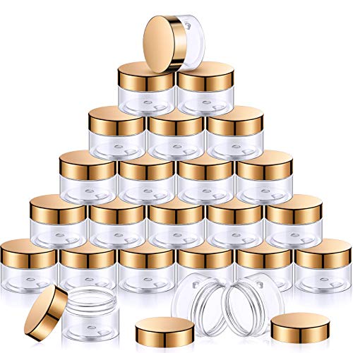 24 Pack Clear Plastic Jars with Gold Lids 1 oz Wide Mouth Storage Containers